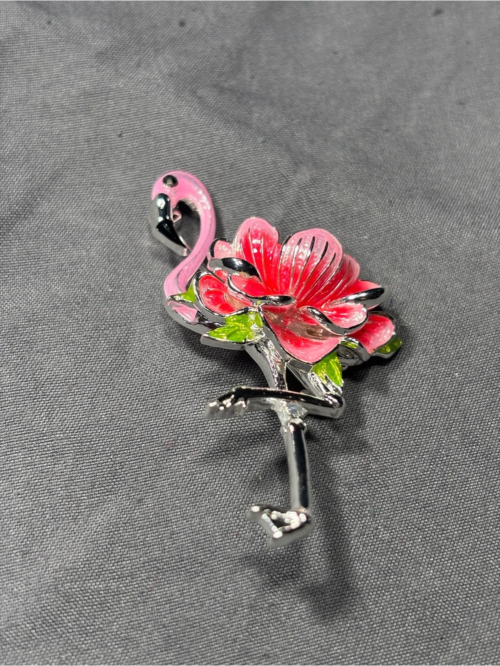 New Napier Pink Flamingo Flower Brooch with Green Accents